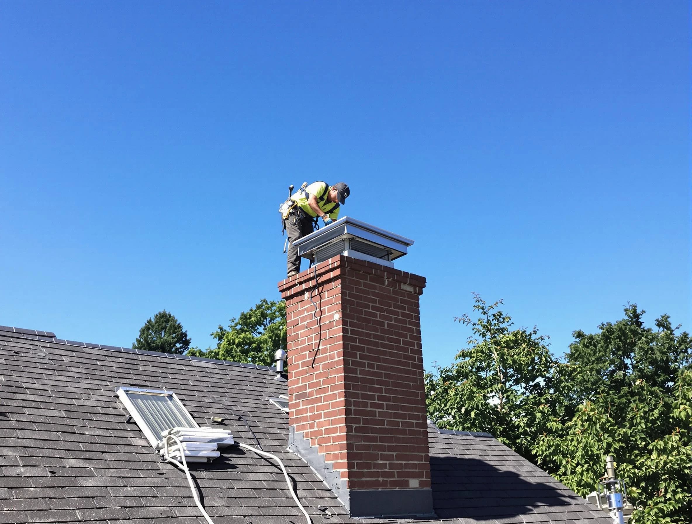 Westfield Chimney Sweep technician measuring a chimney cap in Westfield, NJ